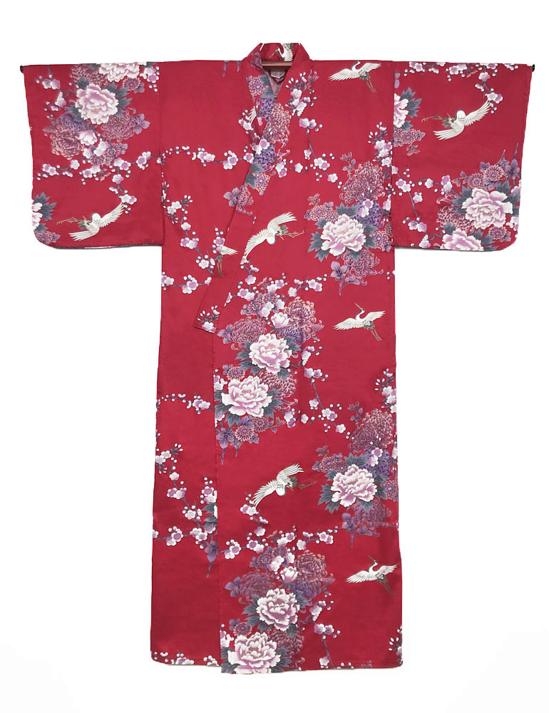 Yukata rosso con elegante motivo di gru, peonie e fiori di ciliegio