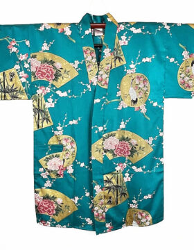 Yukata corto turchese con elegante motivo di gru e ventagli