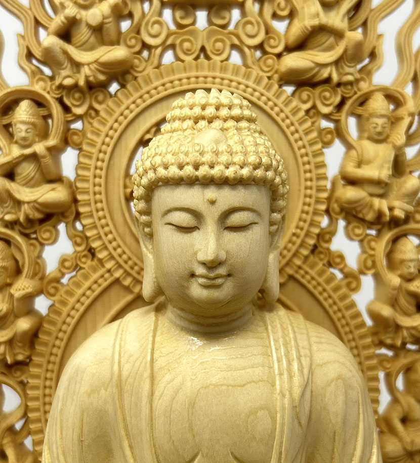 Statua di Buddha Amida Nyorai seduta in legno di cipresso con piedistallo ottagonale (28,5 cm) - immagine 9