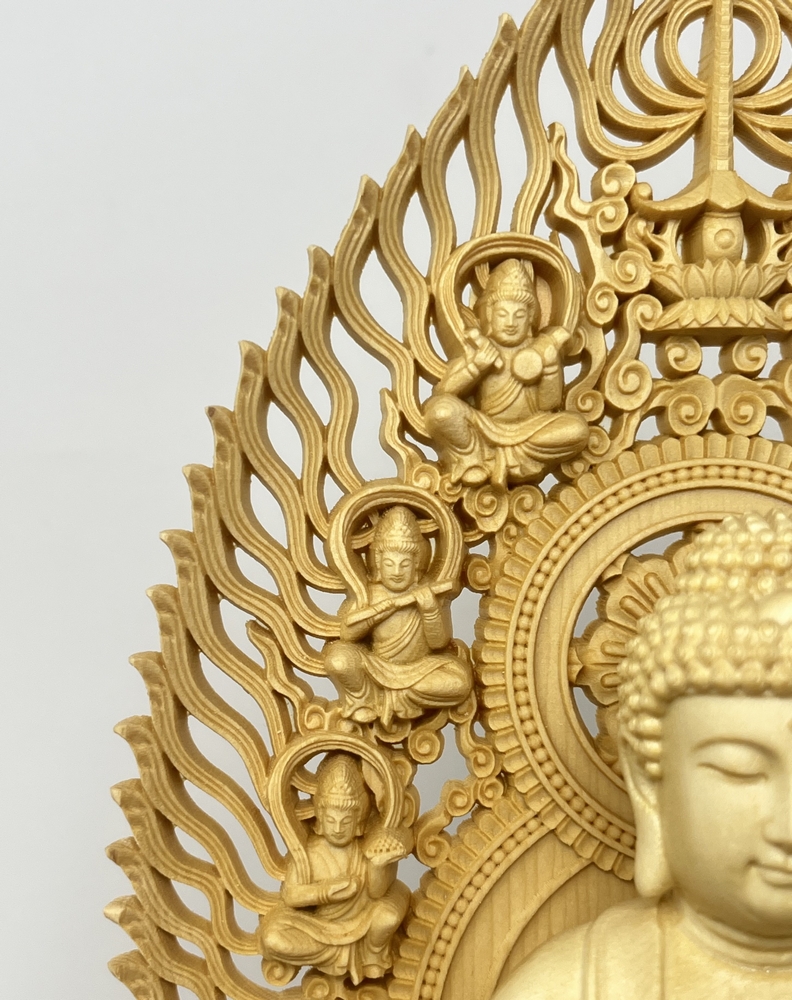 Statua di Buddha Amida Nyorai seduta in legno di cipresso con piedistallo ottagonale (28,5 cm) - immagine 8