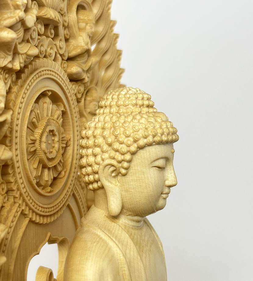 Statua di Buddha Amida Nyorai seduta in legno di cipresso con piedistallo ottagonale (28,5 cm) - immagine 10