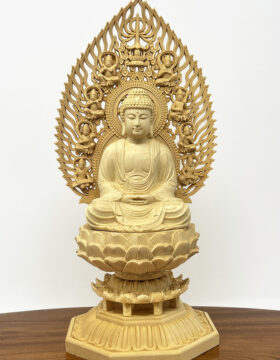 Statua di Buddha Amida Nyorai seduta in legno di cipresso con piedistallo ottagonale (28,5 cm)