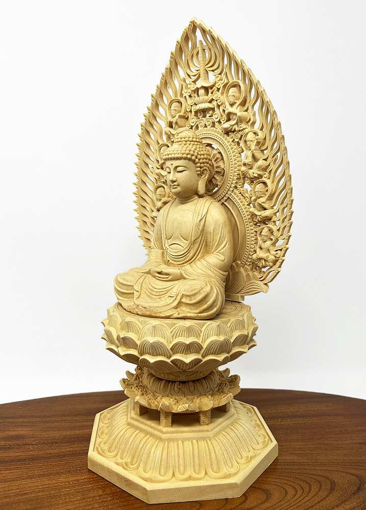 Statua di Buddha Amida Nyorai seduta in legno di cipresso con piedistallo ottagonale (28,5 cm) - immagine 2