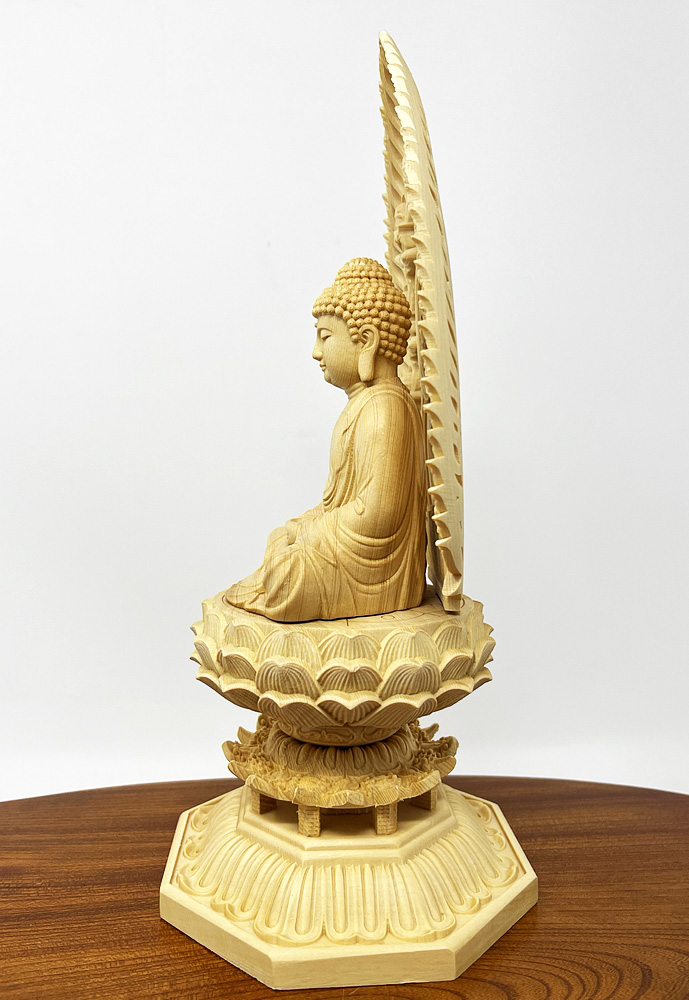 Statua di Buddha Amida Nyorai seduta in legno di cipresso con piedistallo ottagonale (28,5 cm) - immagine 3