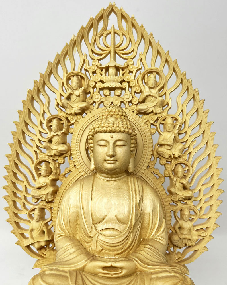 Statua di Buddha Amida Nyorai seduta in legno di cipresso con piedistallo ottagonale (28,5 cm) - immagine 6