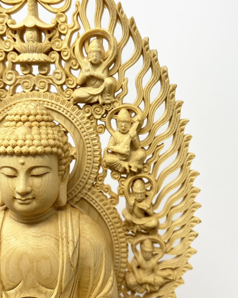 Statua di Buddha Amida Nyorai seduta in legno di cipresso con piedistallo ottagonale (28,5 cm) - immagine 7
