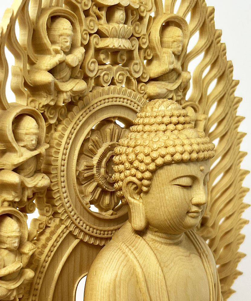 Statua di Buddha Amida Nyorai seduta in legno di cipresso con piedistallo ottagonale (28,5 cm) - immagine 12
