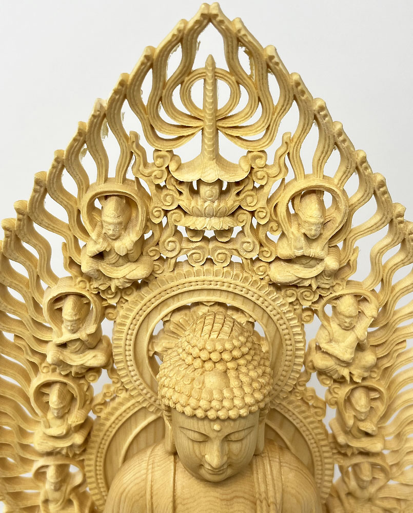 Statua di Buddha Amida Nyorai seduta in legno di cipresso con piedistallo ottagonale (28,5 cm) - immagine 11