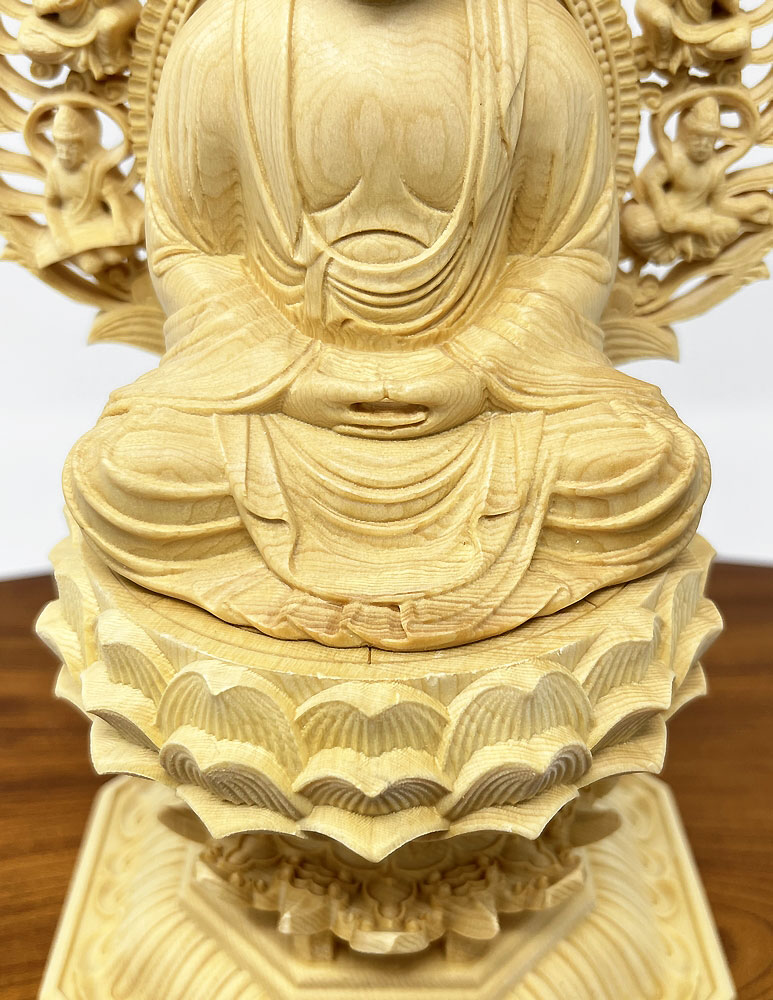 Statua di Buddha Amida Nyorai seduta in legno di cipresso con piedistallo ottagonale (28,5 cm) - immagine 14