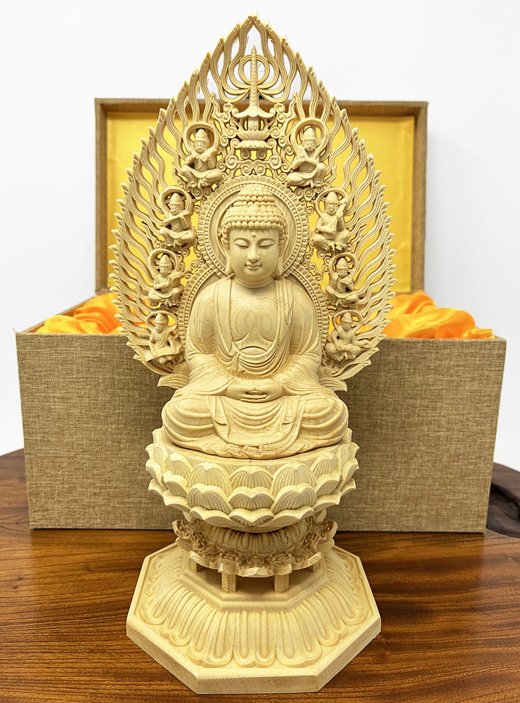 Statua di Buddha Amida Nyorai seduta in legno di cipresso con piedistallo ottagonale (28,5 cm) - immagine 19