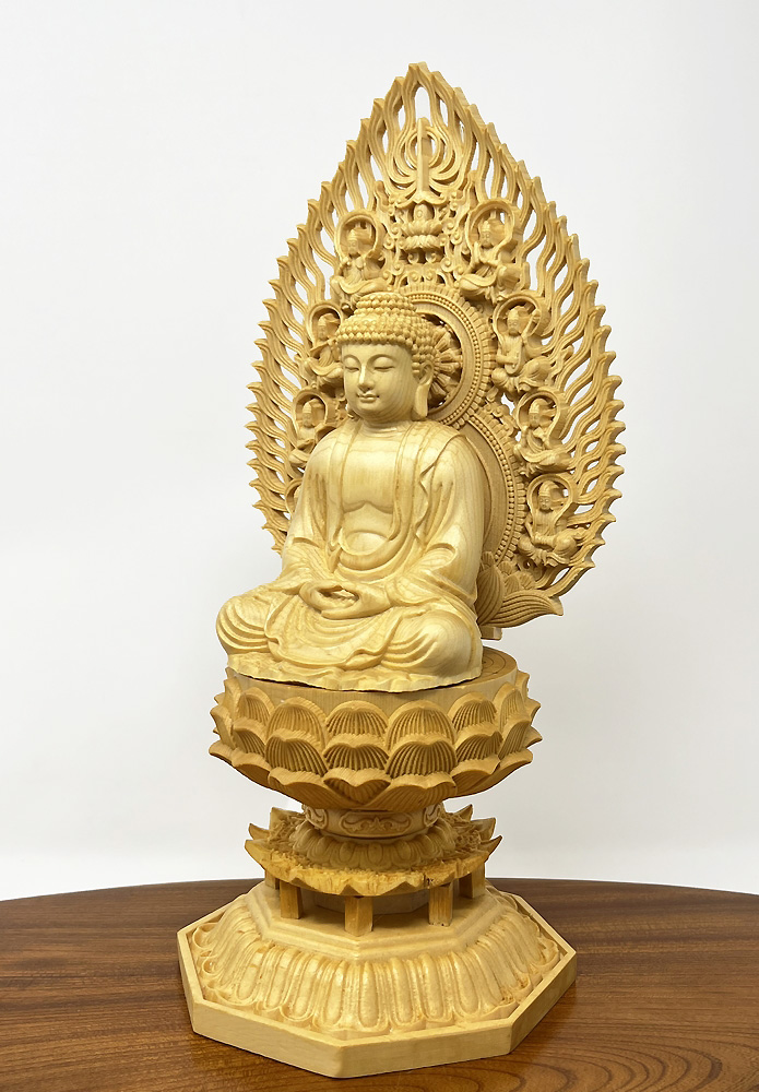 Statua di Buddha Amida Nyorai seduta in legno di cipresso con piedistallo ottagonale (29 cm) - immagine 2