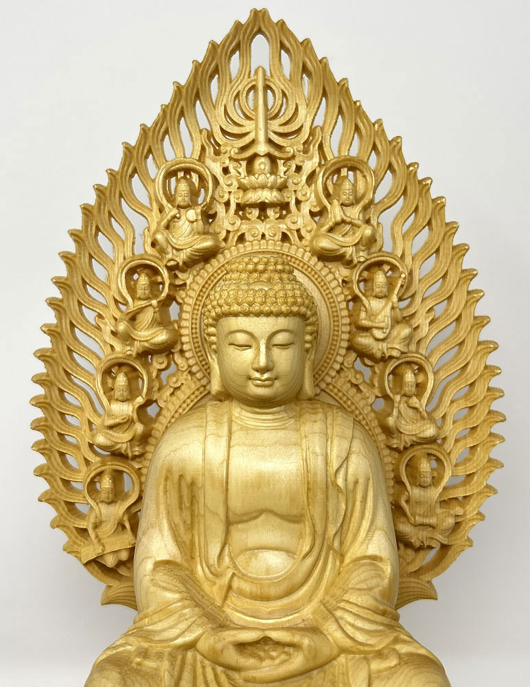 Statua di Buddha Amida Nyorai seduta in legno di cipresso con piedistallo ottagonale (29 cm) - immagine 6