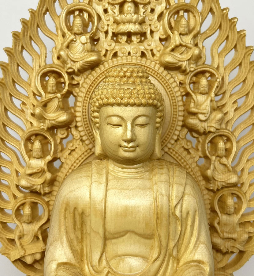 Statua di Buddha Amida Nyorai seduta in legno di cipresso con piedistallo ottagonale (29 cm) - immagine 7