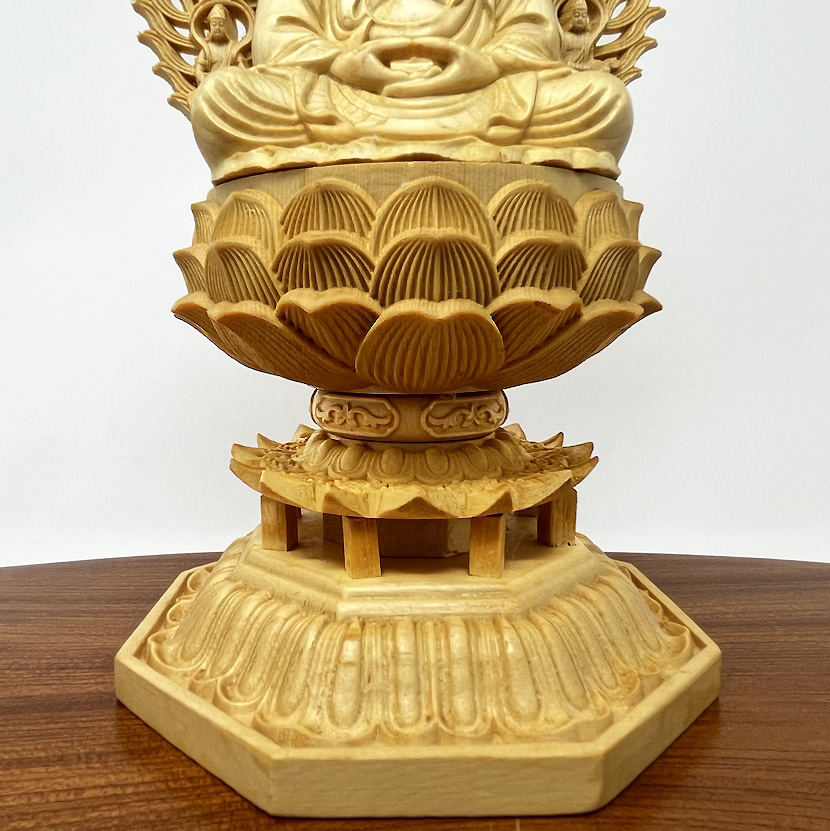 Statua di Buddha Amida Nyorai seduta in legno di cipresso con piedistallo ottagonale (29 cm) - immagine 8