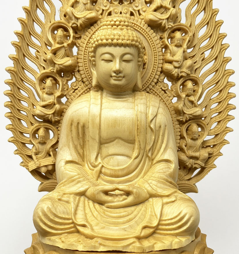 Statua di Buddha Amida Nyorai seduta in legno di cipresso con piedistallo ottagonale (29 cm) - immagine 9