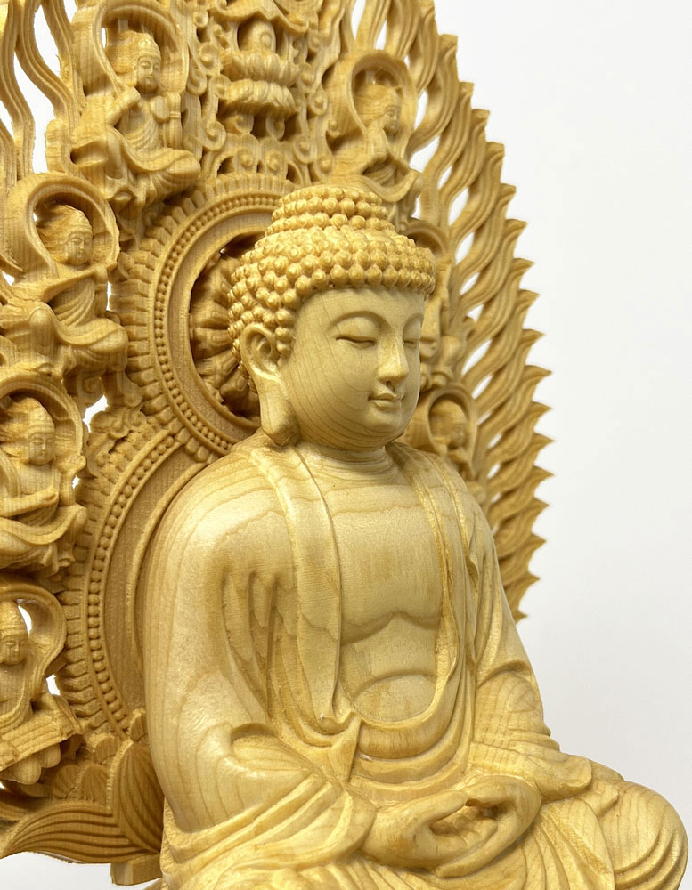 Statua di Buddha Amida Nyorai seduta in legno di cipresso con piedistallo ottagonale (29 cm) - immagine 10