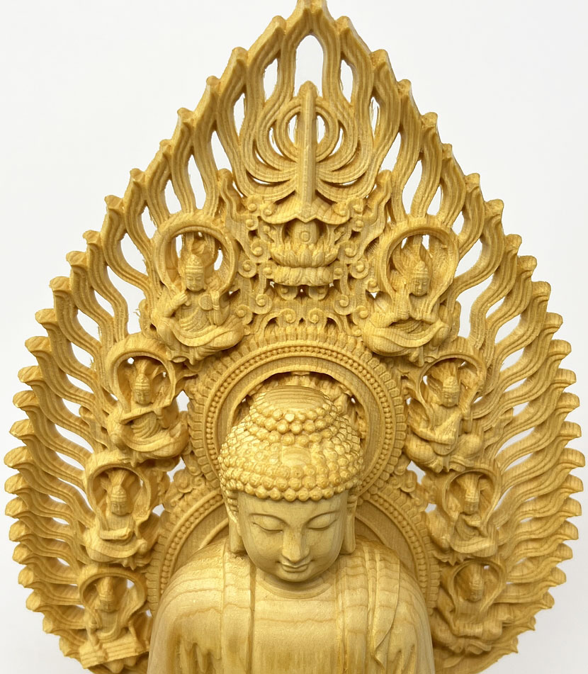 Statua di Buddha Amida Nyorai seduta in legno di cipresso con piedistallo ottagonale (29 cm) - immagine 11