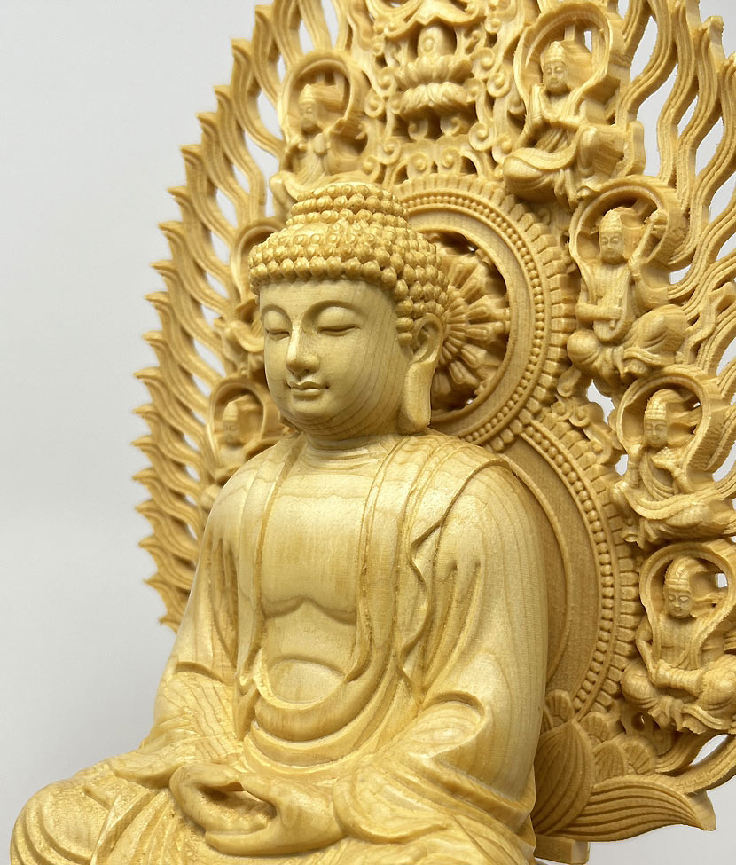 Statua di Buddha Amida Nyorai seduta in legno di cipresso con piedistallo ottagonale (29 cm) - immagine 12