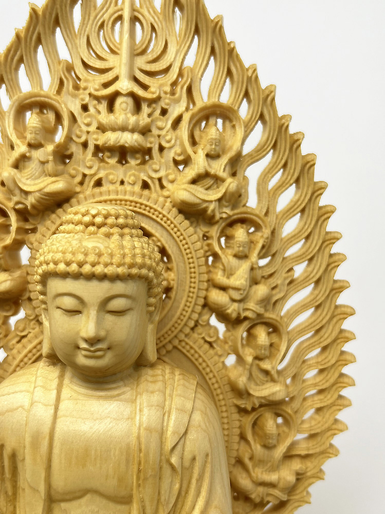 Statua di Buddha Amida Nyorai seduta in legno di cipresso con piedistallo ottagonale (29 cm) - immagine 13