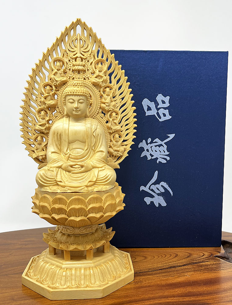 Statua di Buddha Amida Nyorai seduta in legno di cipresso con piedistallo ottagonale (29 cm) - immagine 17