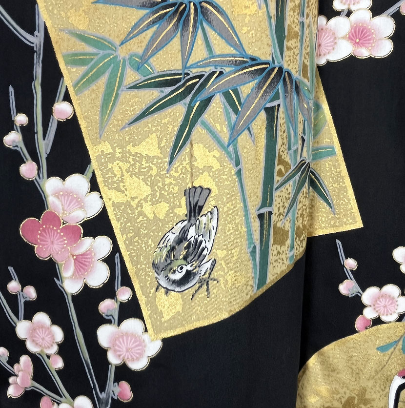 Yukata nero con elegante motivo di gru e ventagli - immagine 12