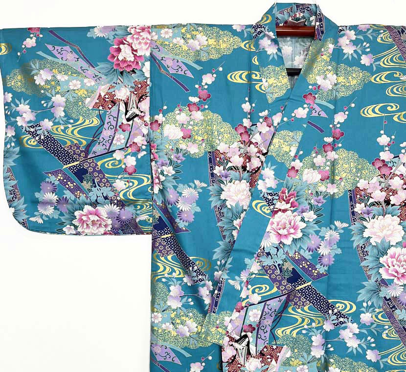 Yukata turchese con elegante motivo di principessa e fiori di ciliegio - immagine 7
