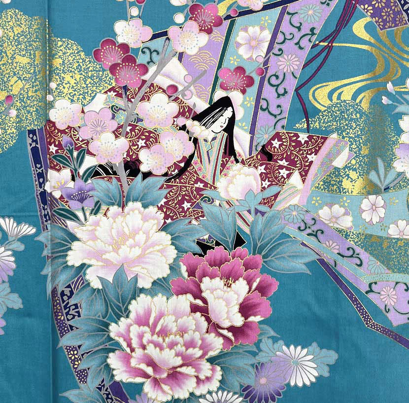 Yukata turchese con elegante motivo di principessa e fiori di ciliegio - immagine 8