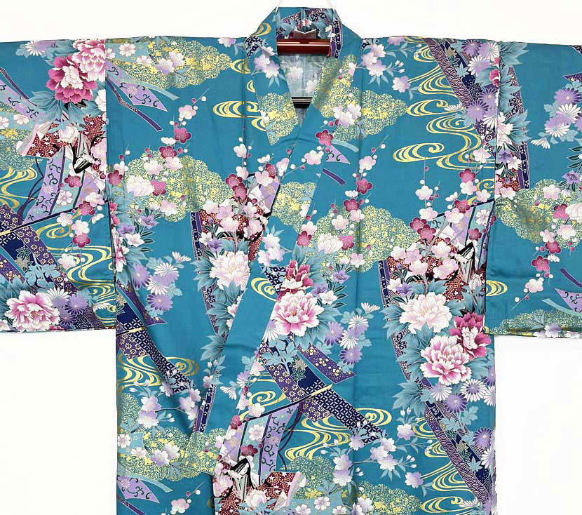 Yukata turchese con elegante motivo di principessa e fiori di ciliegio - immagine 3