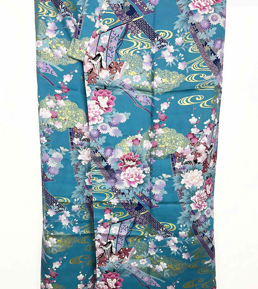 Yukata turchese con elegante motivo di principessa e fiori di ciliegio - immagine 4