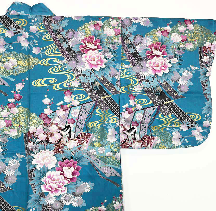 Yukata turchese con elegante motivo di principessa e fiori di ciliegio - immagine 6