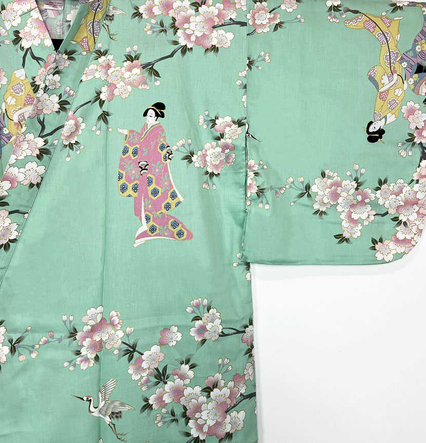 Yukata acquamarina con elegante motivo di fiori di ciliegio e geisha - immagine 2