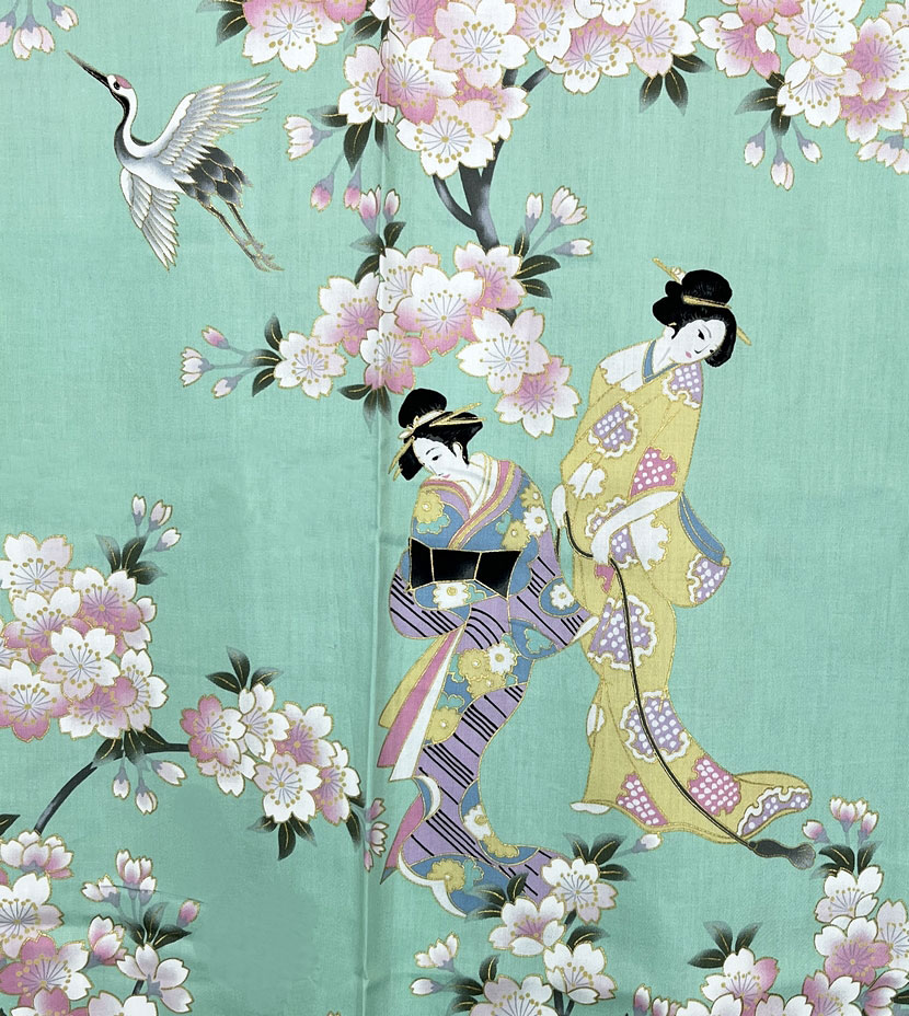 Yukata acquamarina con elegante motivo di fiori di ciliegio e geisha - immagine 7