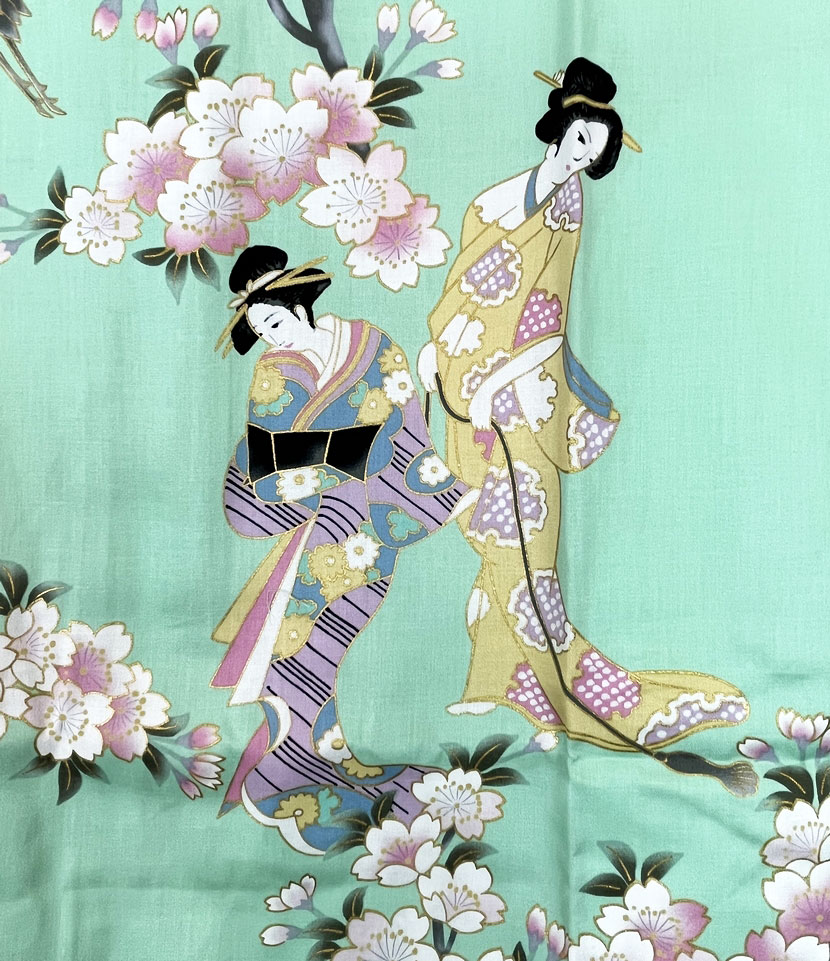 Yukata acquamarina con elegante motivo di fiori di ciliegio e geisha - immagine 9