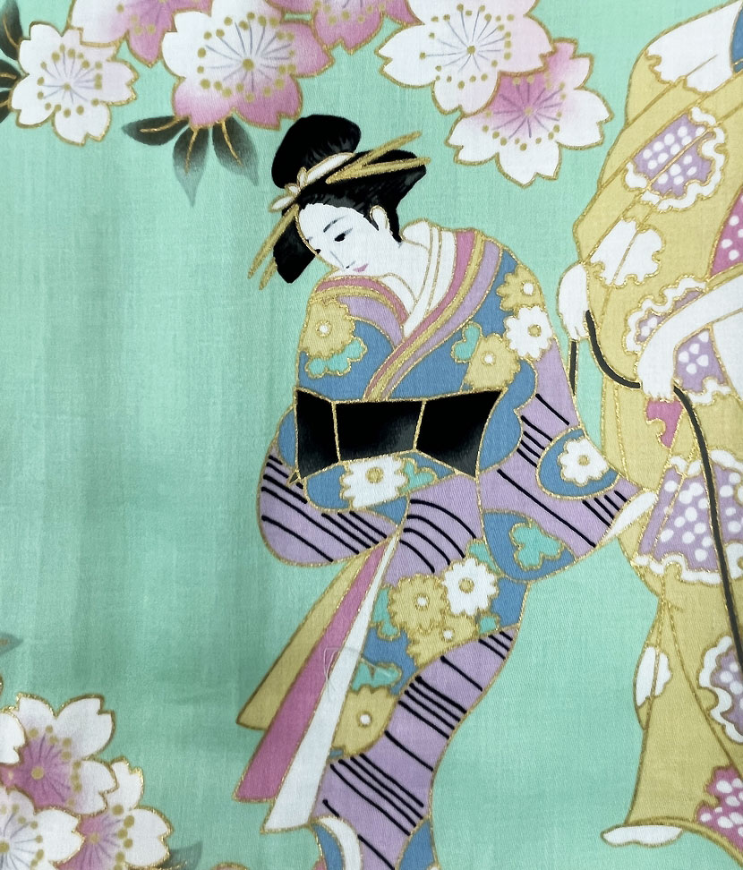 Yukata acquamarina con elegante motivo di fiori di ciliegio e geisha - immagine 11