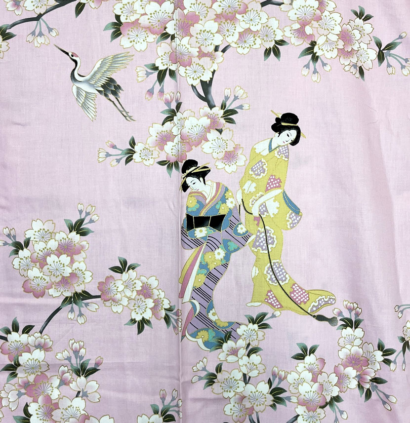 Yukata corto rosa con elegante motivo di fiori di ciliegio e geisha - immagine 9