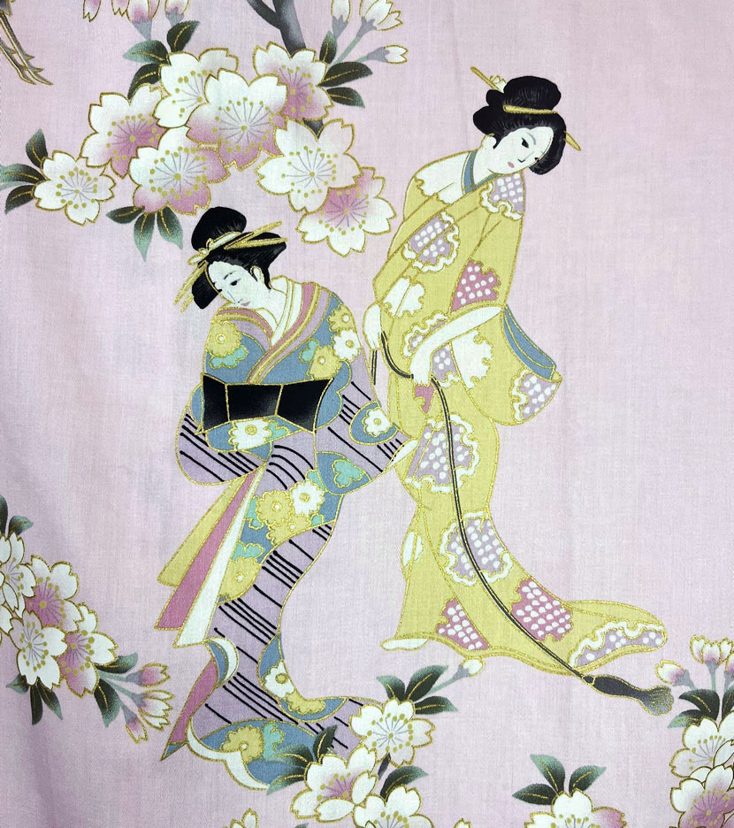 Yukata corto rosa con elegante motivo di fiori di ciliegio e geisha - immagine 5