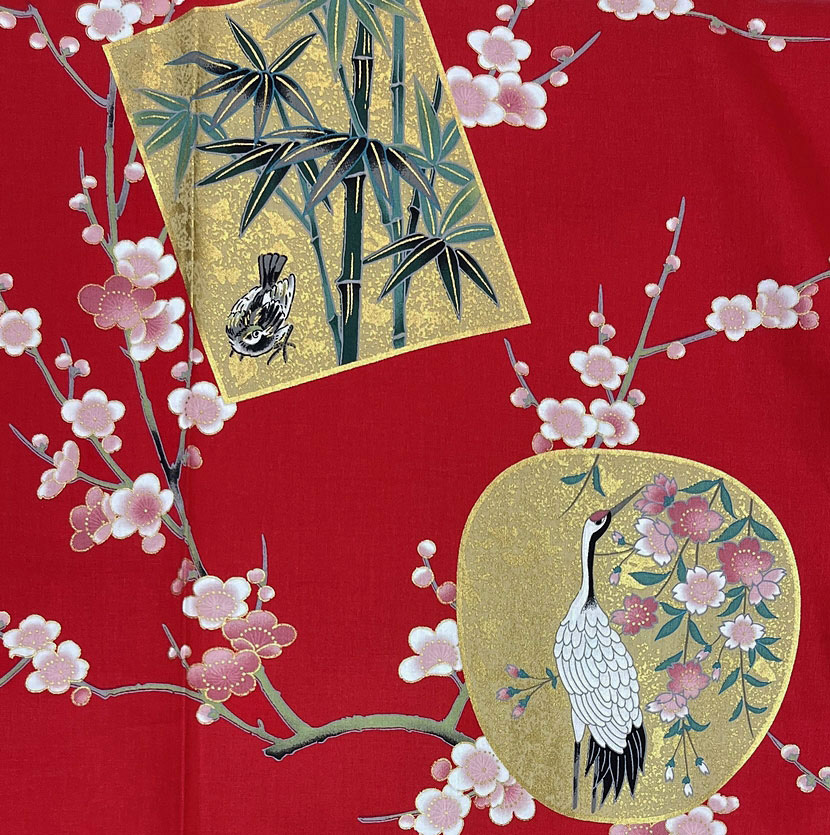 Yukata rosso con elegante motivo di gru e ventagli - immagine 7