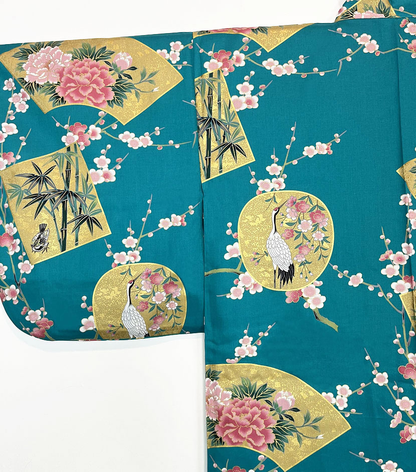 Yukata turchese con elegante motivo di gru e ventagli - immagine 5
