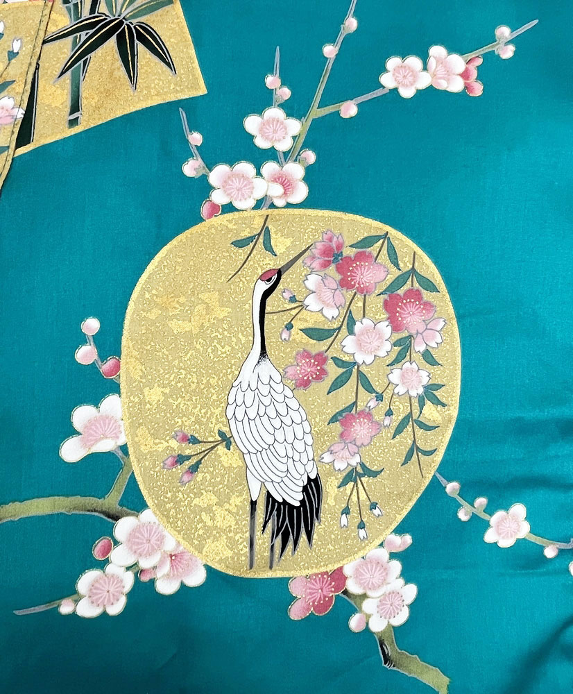 Yukata turchese con elegante motivo di gru e ventagli - immagine 8