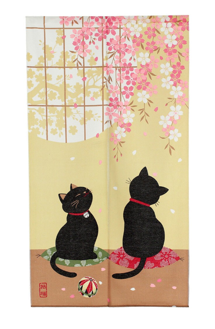 Tenda Noren con raffinato motivo di gatti della fortuna e fiori di ciliegio - immagine 9