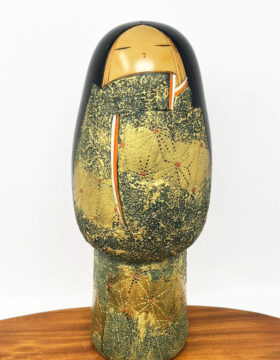 Rara kokeshi vintage da collezione "Heian" con tecnica della foglia d'oro di Toa Sekiguchi (32,5 cm)