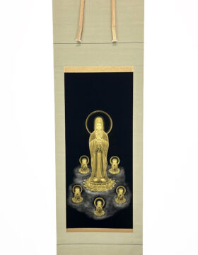 Pregiato Kakemono "Kannon in Preghiera" con decorazioni in polvere d’oro