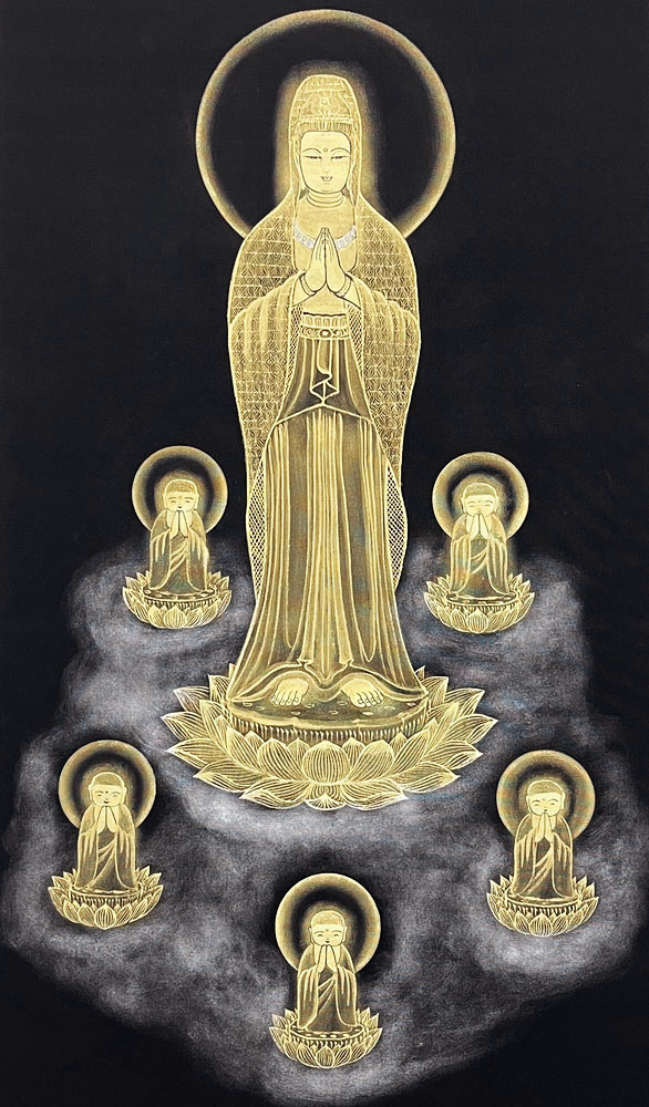 Pregiato Kakemono "Kannon in Preghiera" con decorazioni in polvere d’oro - immagine 2
