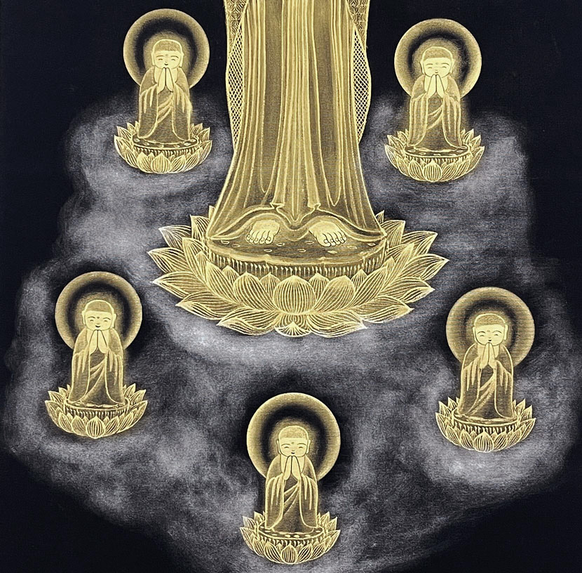 Pregiato Kakemono "Kannon in Preghiera" con decorazioni in polvere d’oro - immagine 5