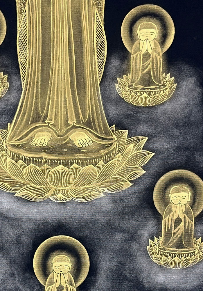 Pregiato Kakemono "Kannon in Preghiera" con decorazioni in polvere d’oro - immagine 7