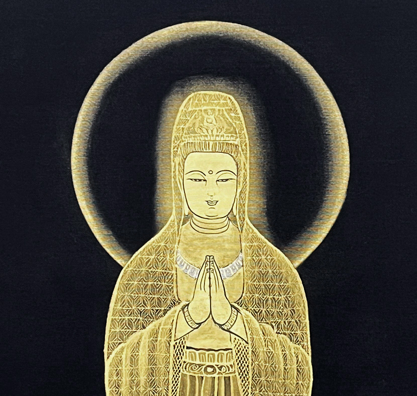 Pregiato Kakemono "Kannon in Preghiera" con decorazioni in polvere d’oro - immagine 9