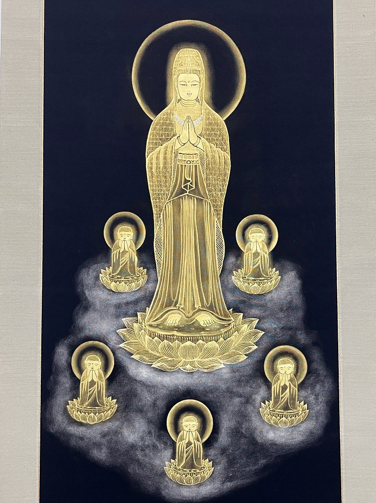 Pregiato Kakemono "Kannon in Preghiera" con decorazioni in polvere d’oro - immagine 10