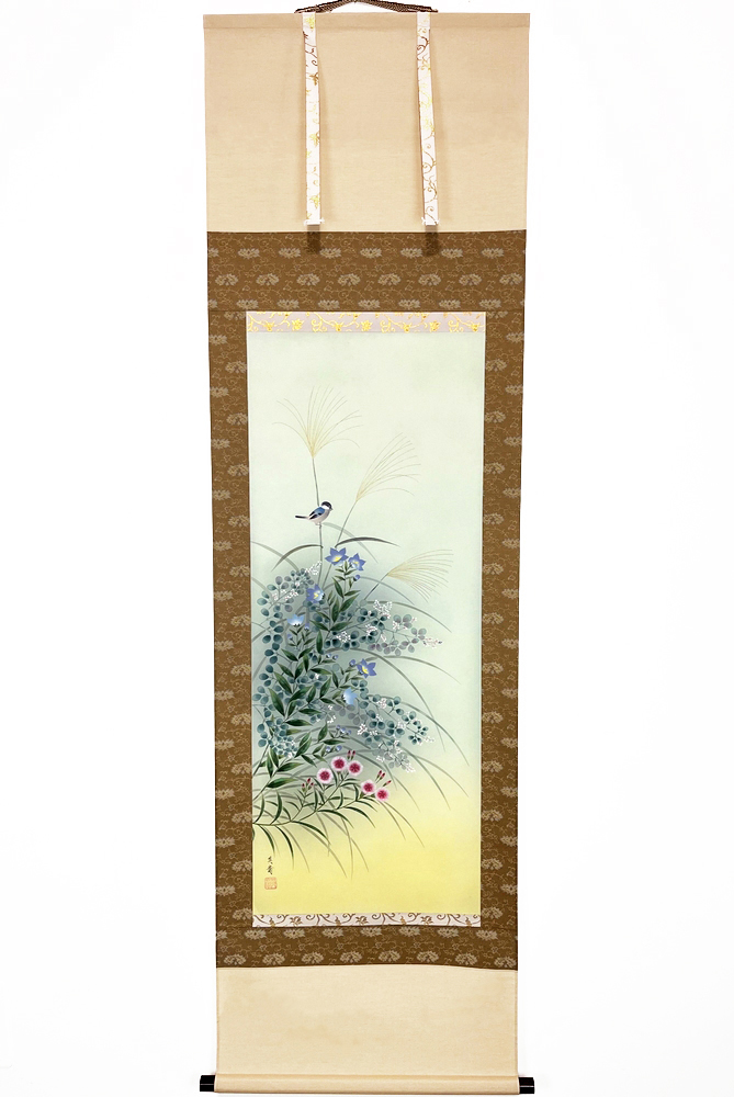 Suggestivo Kakemono "Uccellino tra le erbe autunnali"