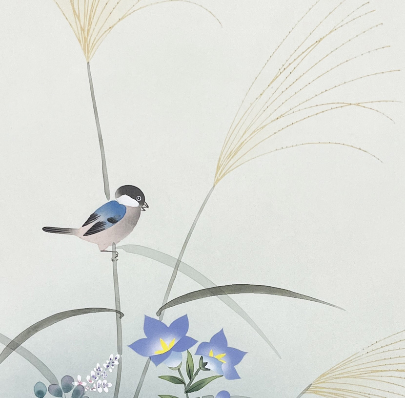 Suggestivo Kakemono "Uccellino tra le erbe autunnali" - immagine 8