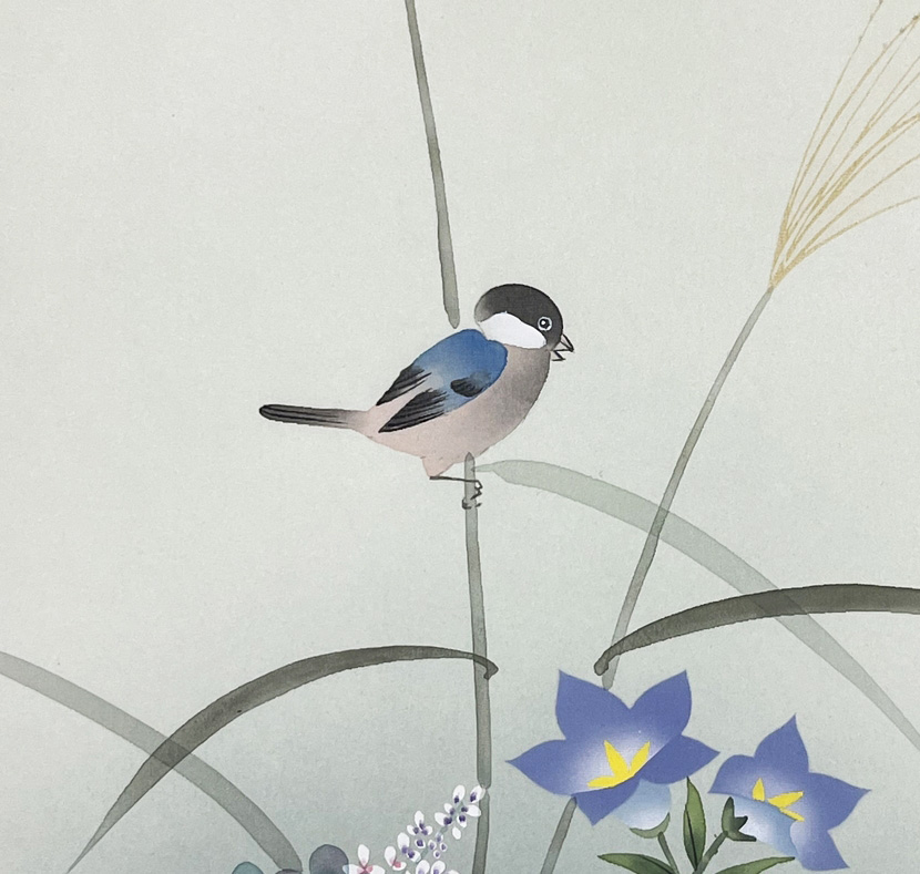 Suggestivo Kakemono "Uccellino tra le erbe autunnali" - immagine 9